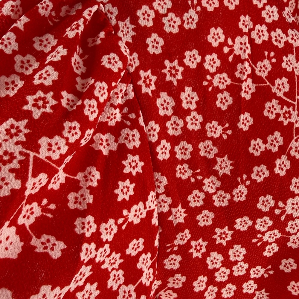 Red Floral Crepe Wrap Dress with Ruffle Sleeves - Small - Picture 12 of 15